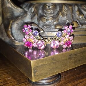 Vintage Pink & Purple Floral Rhinestone Clip-On Earrings